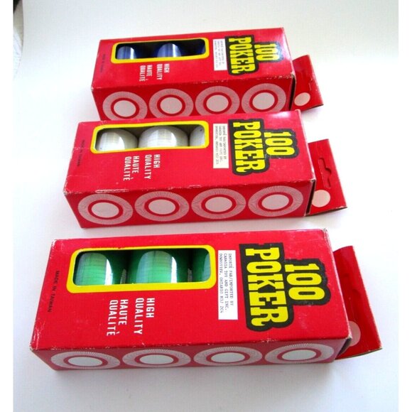 Vintage Poker Chips Blue/Green/White Boxes of 100 - Red Box Not Full Box -Taiwan - Picture 8 of 12